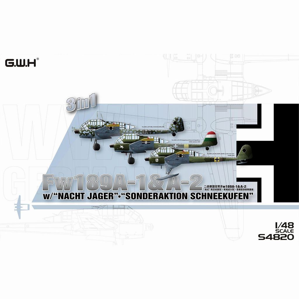 【新製品】S4820 1/48 ドイツ空軍Fw189A-1/A-2 偵察機/冬期用スキー装備/夜間戦闘機 3in1（1機入り）