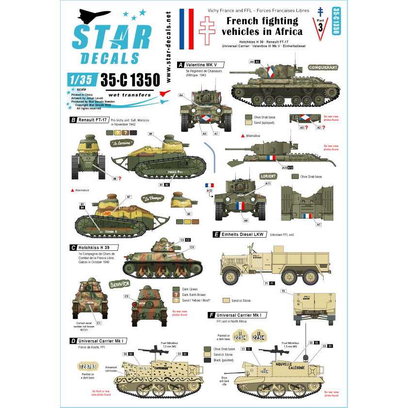 【新製品】35-C1350 1/35 WWII アフリカでの自由フランス軍装甲車 パート3 ホチキスH39 ルノーFT-17 ユニバーサルキャリア バレンタインIII MkV