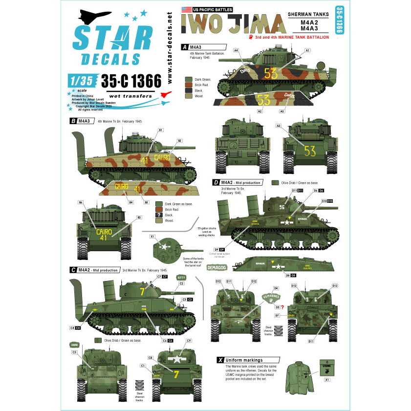 【新製品】35-C1366 1/35 WWII アメリカ 太平洋戦線 硫黄島の戦い アメリカ海兵隊第3/第4戦車大隊のM4A2/M4A3シャーマン戦車