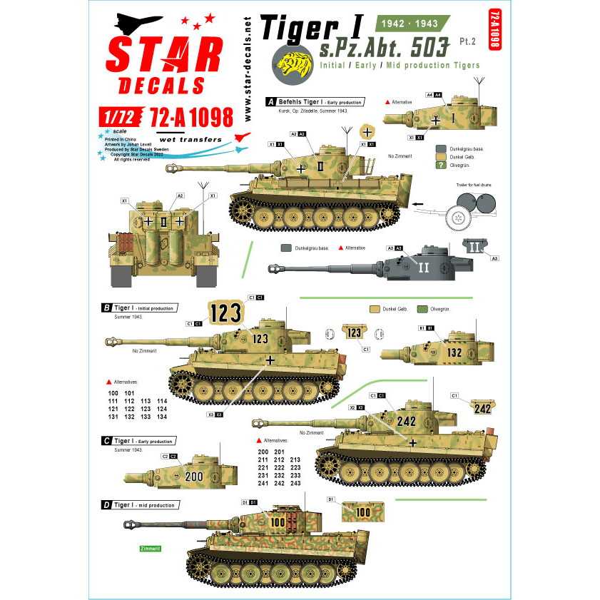 【新製品】72-A1098 1/72 WWII ドイツティーガーI 第503重戦車大隊＃2 1942-43 極初期型 初期型 中期型