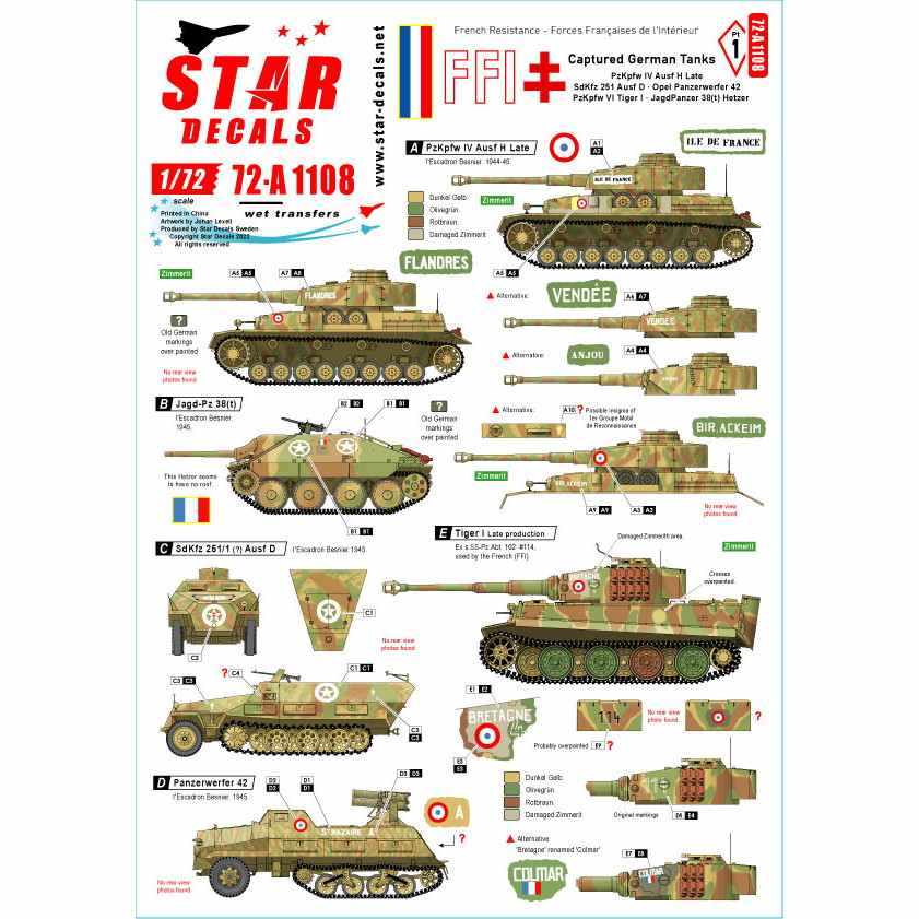 【新製品】72-A1108 1/72 WWII FFI＃1 フランス国内軍(FFI)に鹵獲されたドイツ戦車 IV号戦車H型最終型 SdKfz251D パンツァーヴェルファー ティーガーI へッツアー