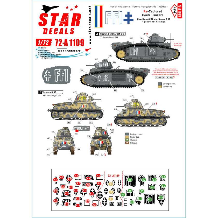 【新製品】72-A1109 1/72 WWII FFI＃2 フランス国内軍(FFI)に再鹵獲された仏製戦車 ルノーB1bis ソミュアS35及びFFIマーキング(汎用型)