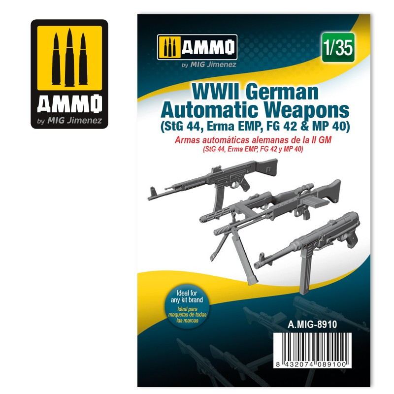 【新製品】A.MIG-8910 1/35 WWII ドイツ軍用自動火器(StG44、エルマ EMP、FG42、MP40)