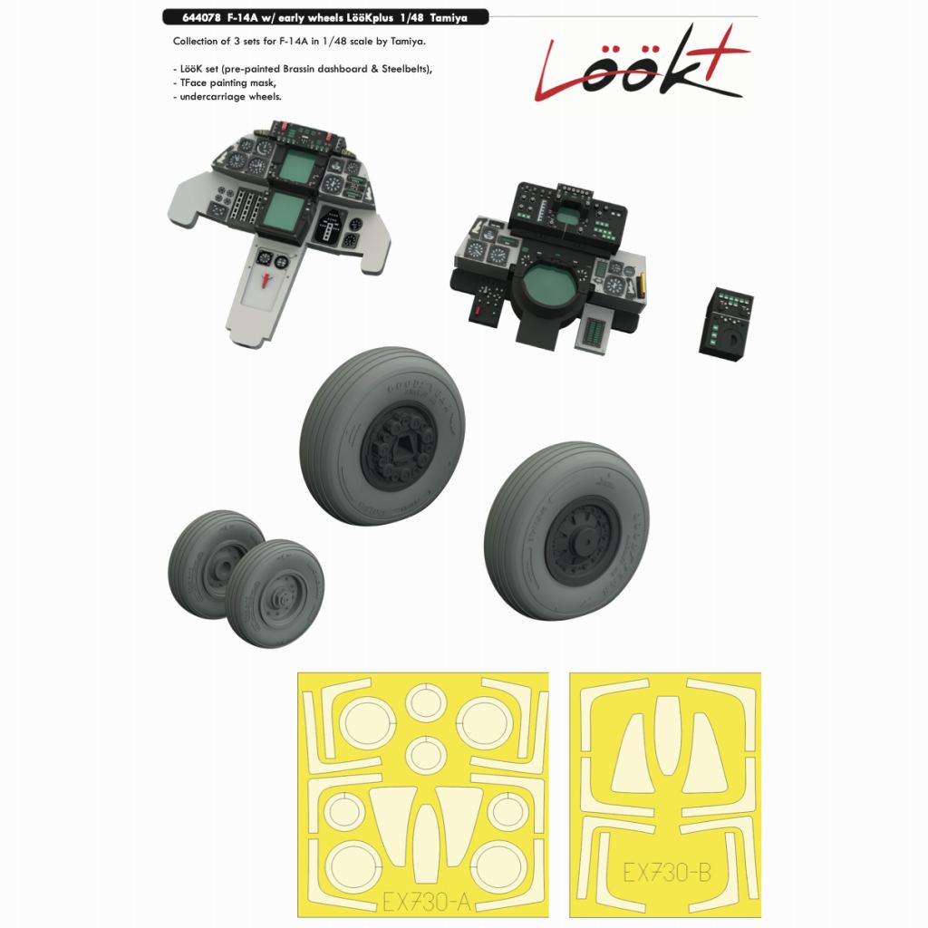 【新製品】ルックプラス644078 1/48 グラマン F-14A トムキャット ｢ルックプラス｣計器盤 w/初期型ホイールパーツセット (タミヤ用)